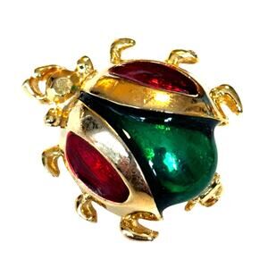 Vintage bug beetle insect brooch gold with red & green enamel finishes fun lapel